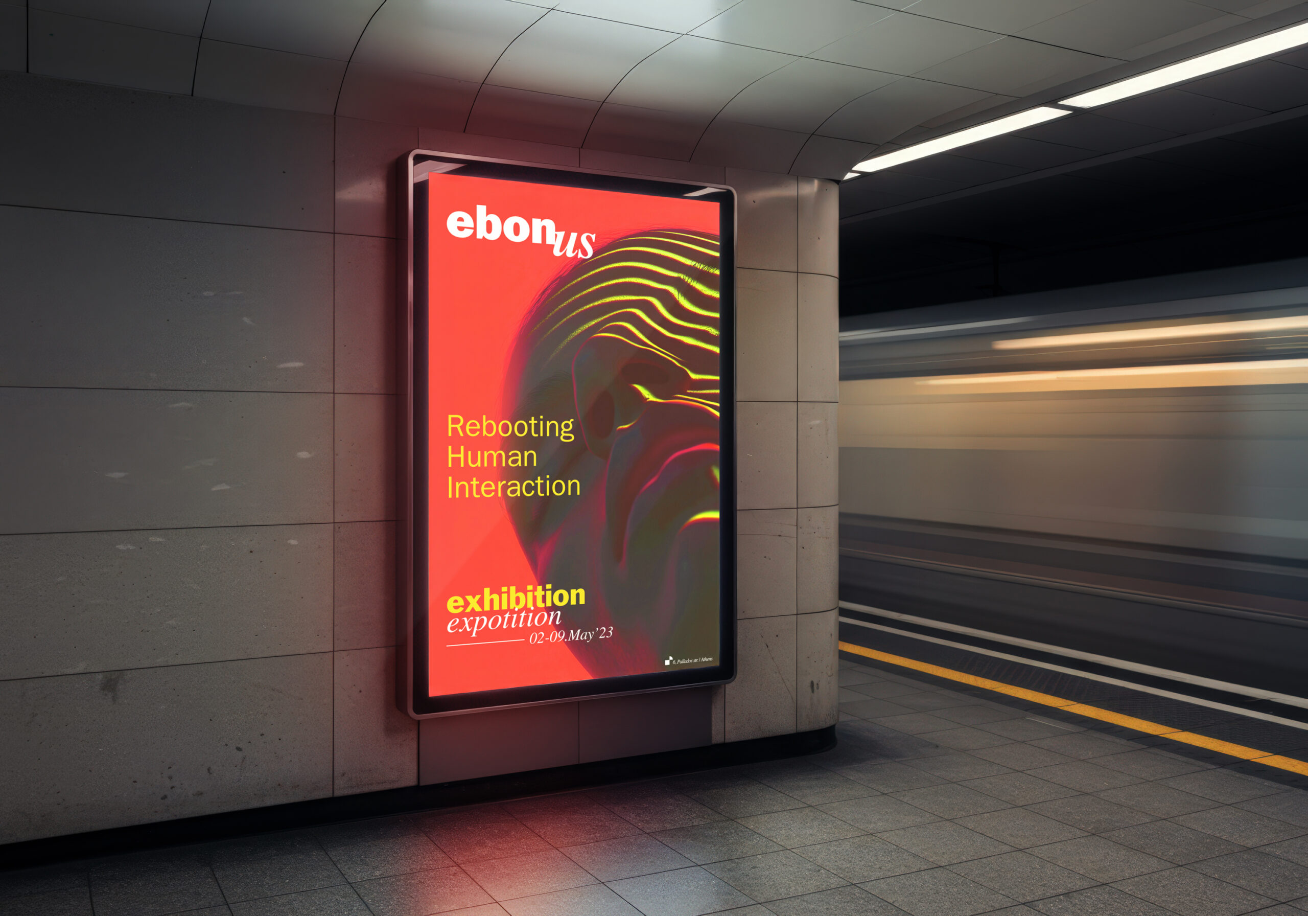 Subway station billboard for ebonus, featuring striking visuals and concise text aimed at attracting the attention of passersby.