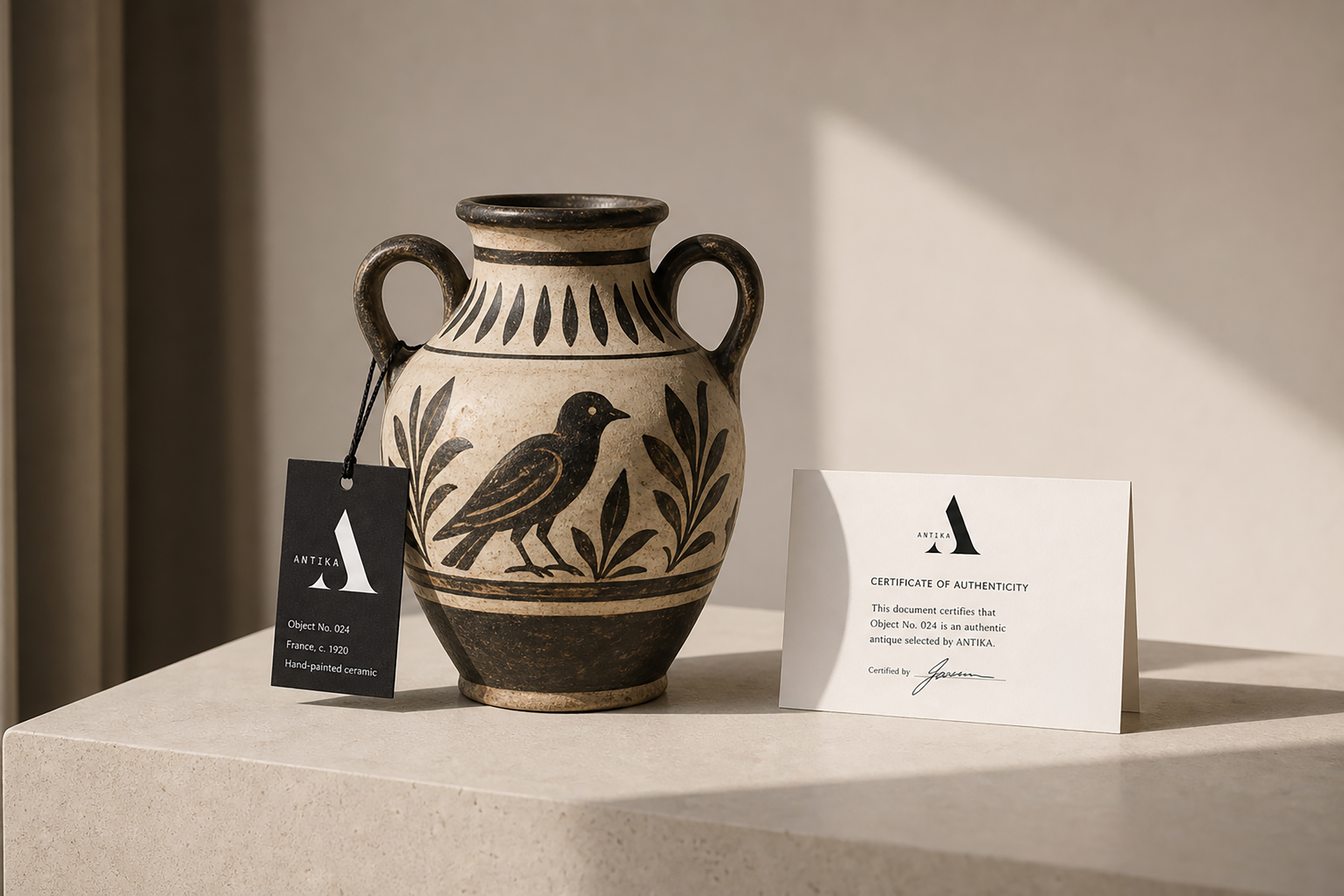 A vase showcasing a bird illustration, positioned next to an authenticity card confirming its legitimacy.