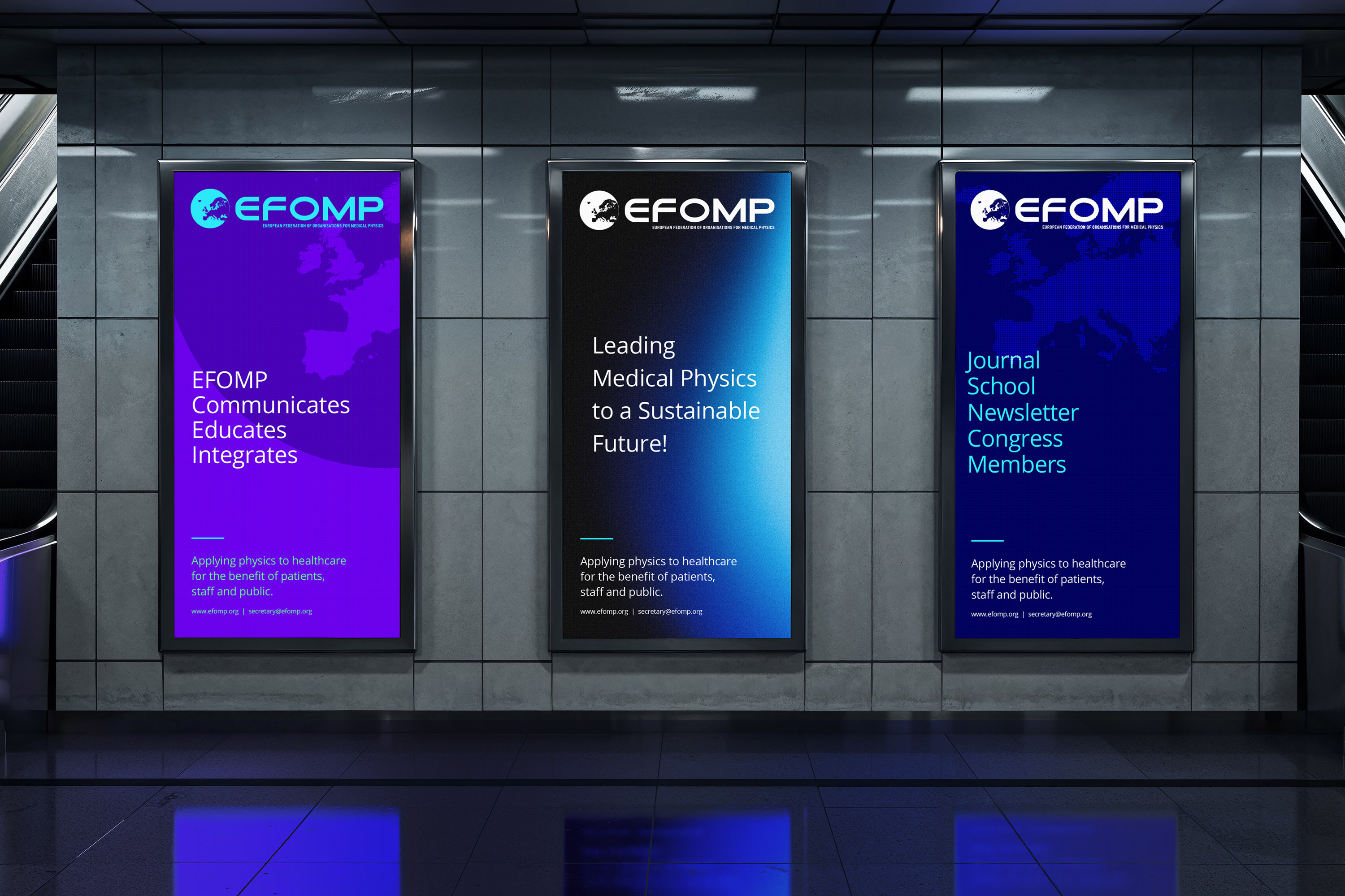 Three large posters display the EFOMP logo and text related to medical physics. The posters are set in what appears to be a subway station.