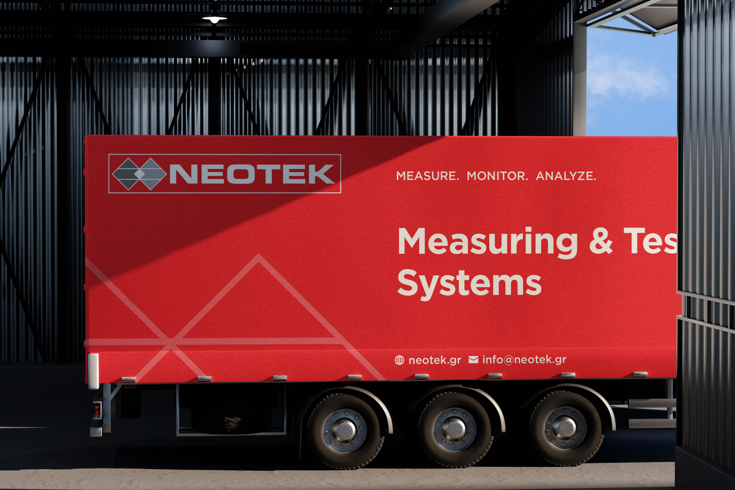 A red-trailer truck parked outside a building, highlighting its structure and the environment.