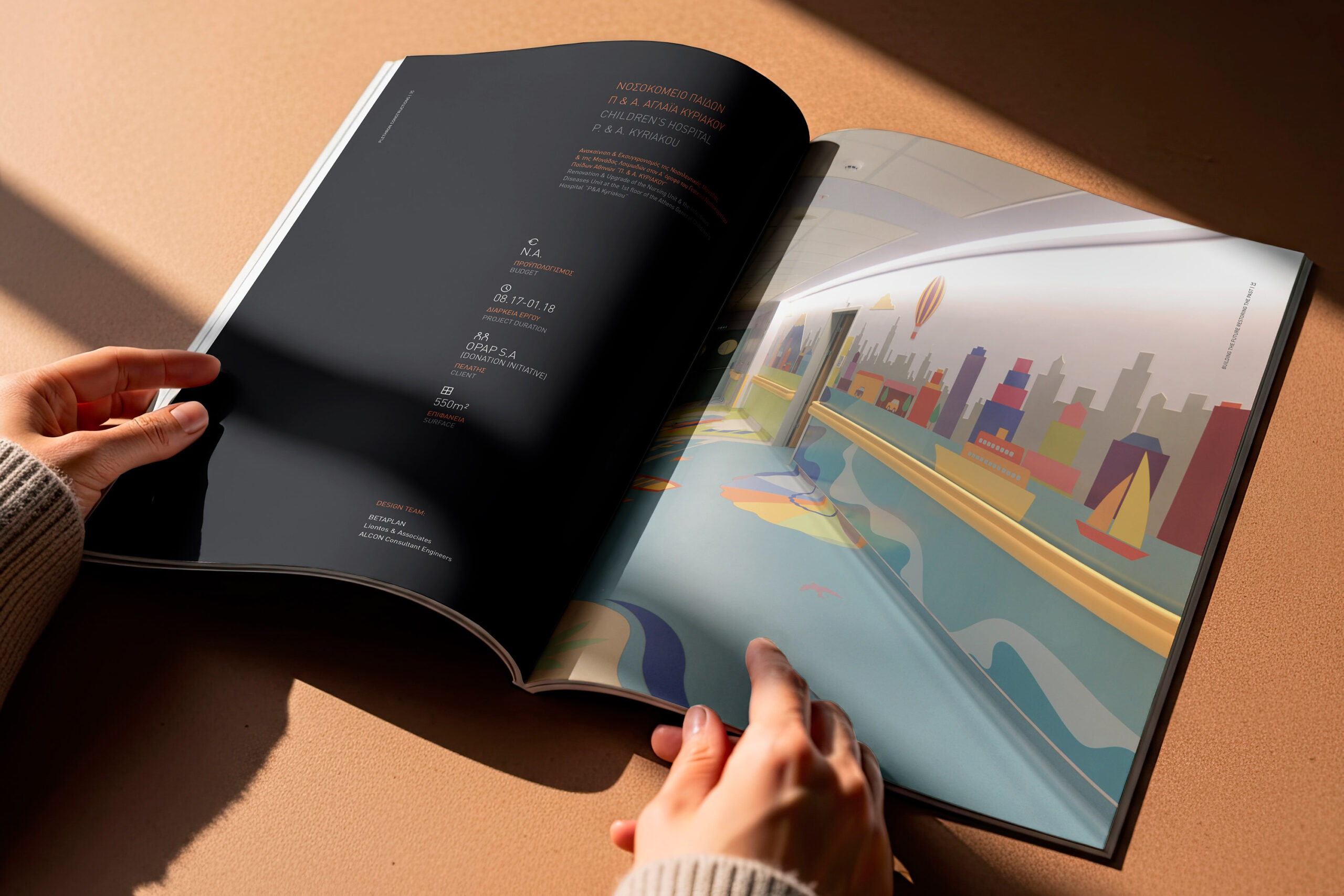 Individual examining a magazine page displaying a detailed cityscape, highlighting buildings and street life.