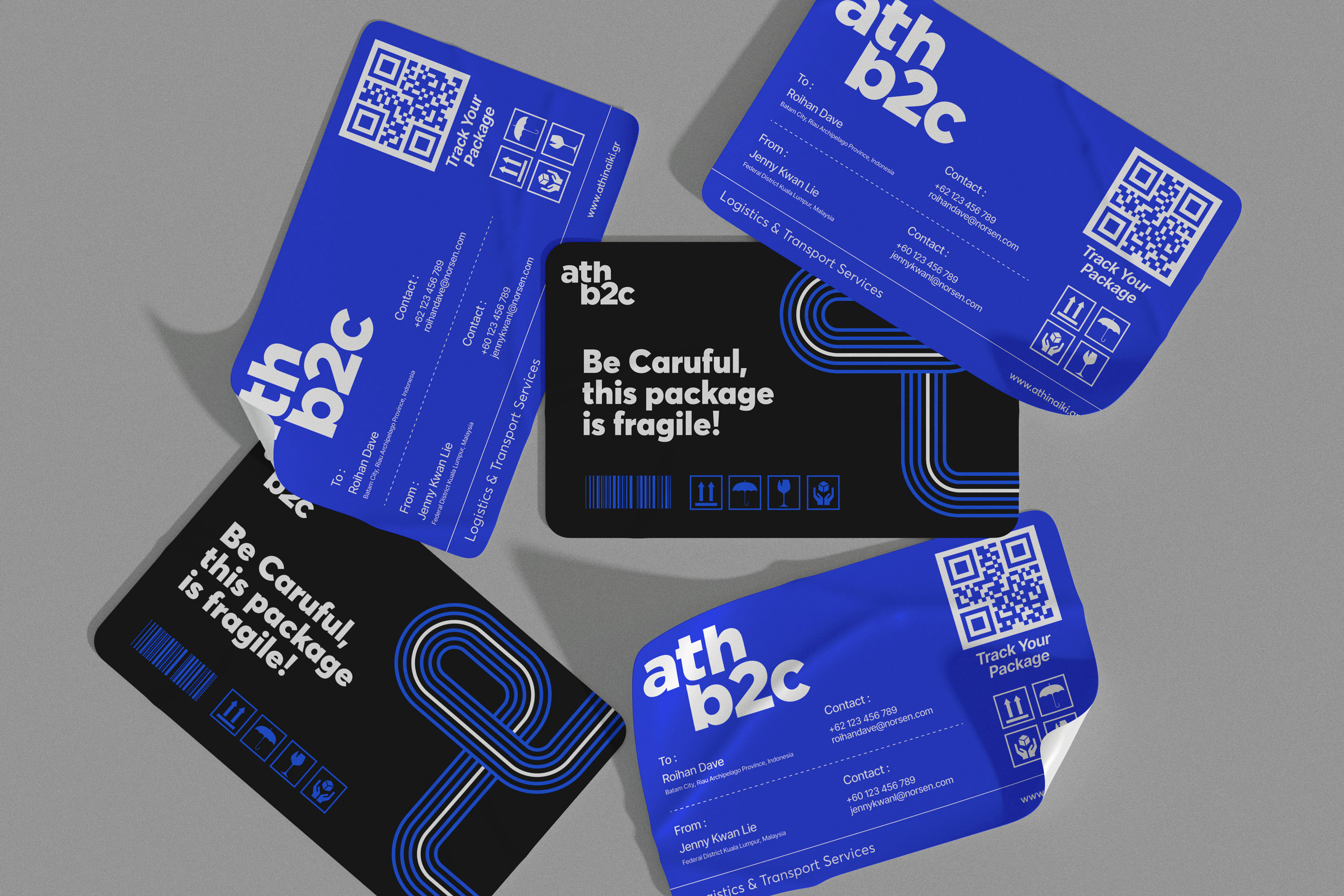 A collection of five athb2c box labels
