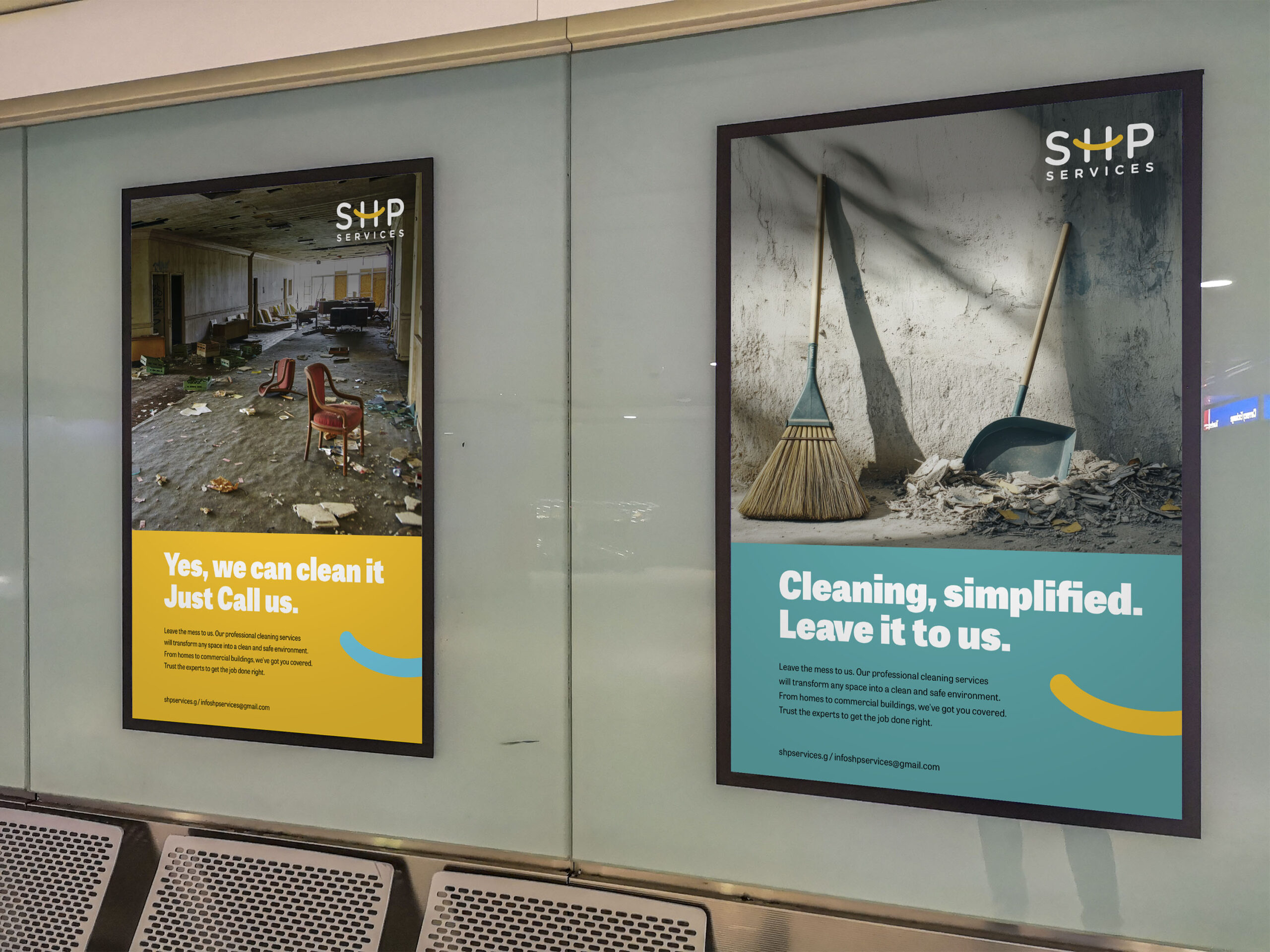 A wall adorned with multiple posters showcasing SHP Cleaning Services in a public environment.