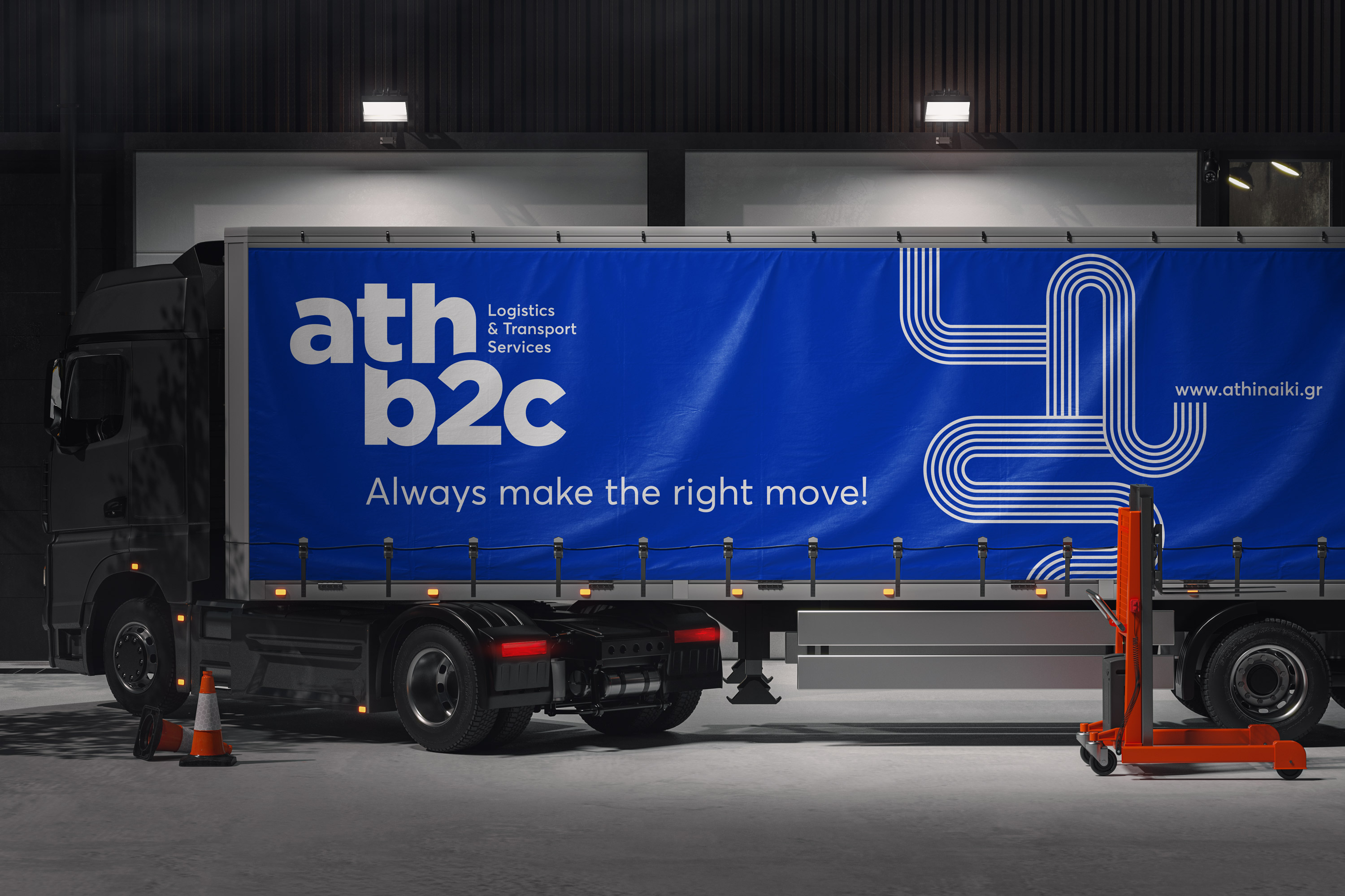 Branded Athinaiki B2C logistics truck showing a blue route-based logistics branding system.