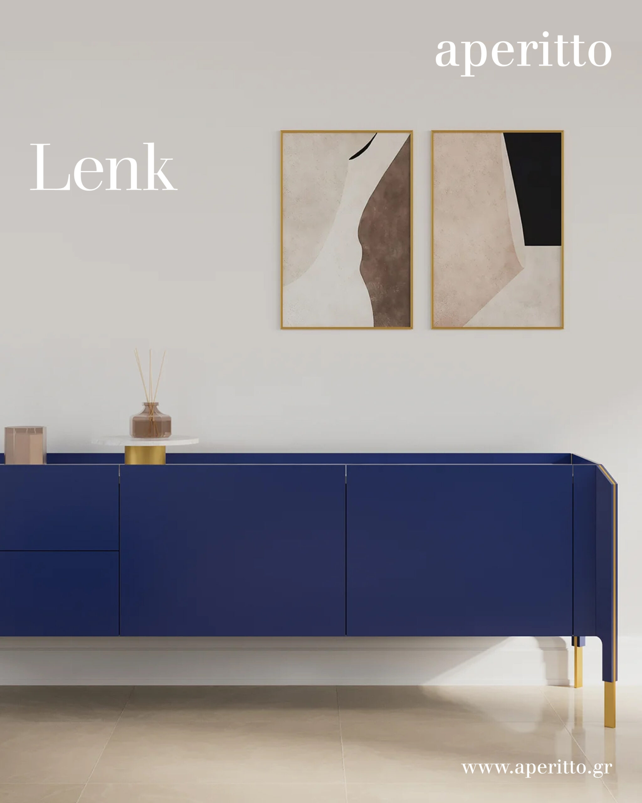 Elegant blue sideboard with gold legs, adorned with a painting on the wall behind it.