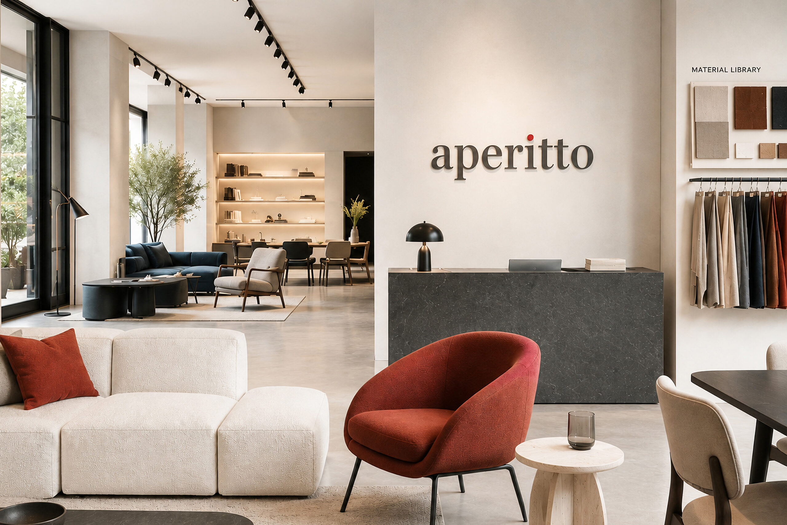 Chic interior of the Aperitivo showroom in Athens, featuring contemporary furniture arrangements and sophisticated design elements.