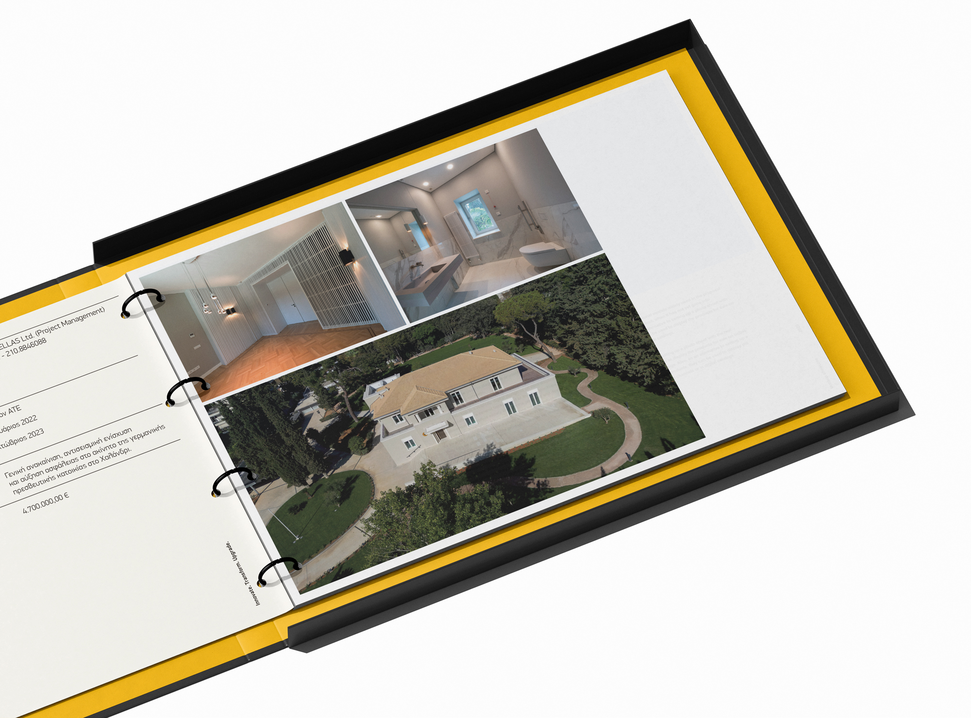 An open book displaying images of a house alongside a real photo of the same house.