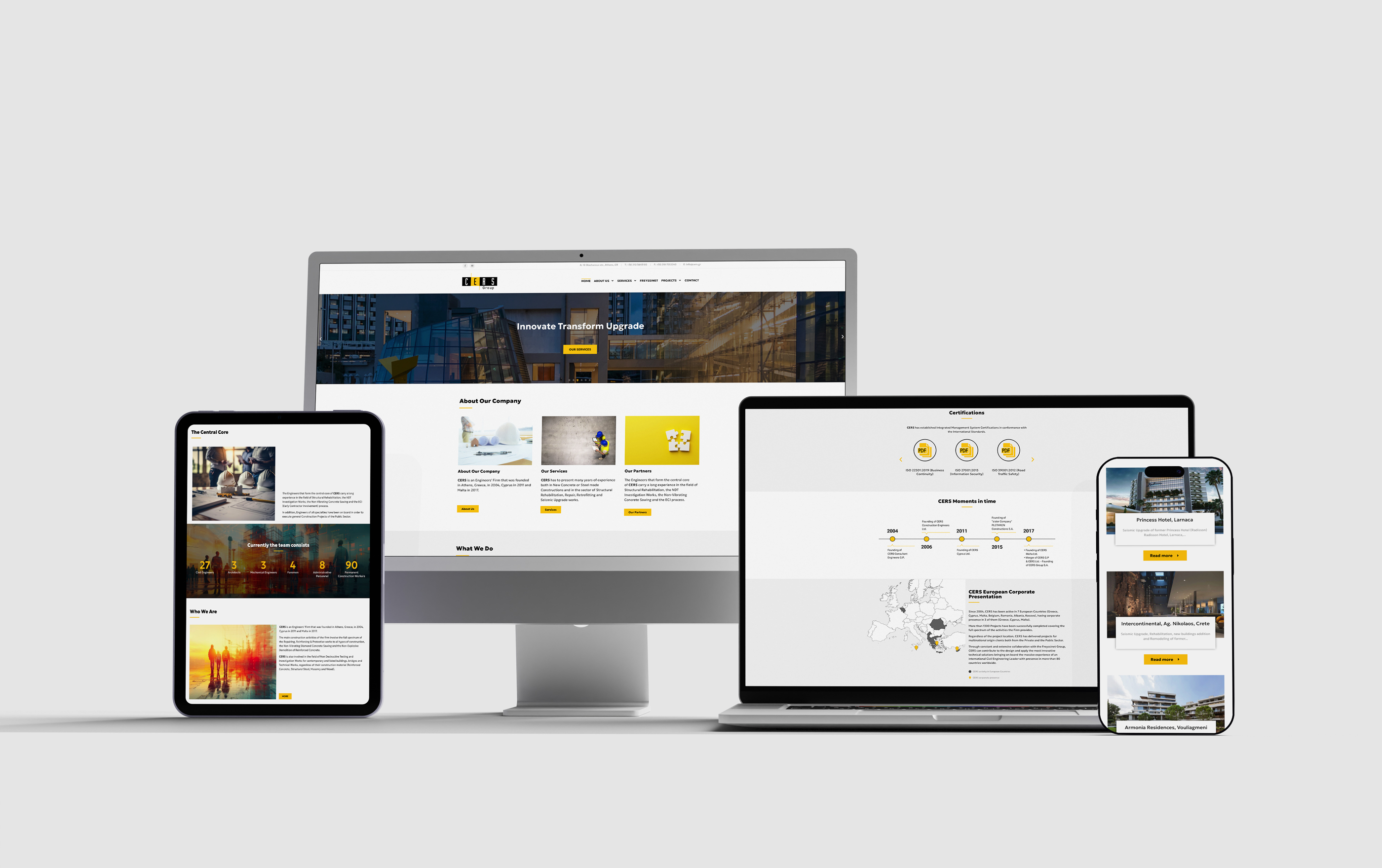CERS Group website displayed on a desktop monitor, laptop, and tablet. It shows "Innovate Transform Upgrade" and company details.