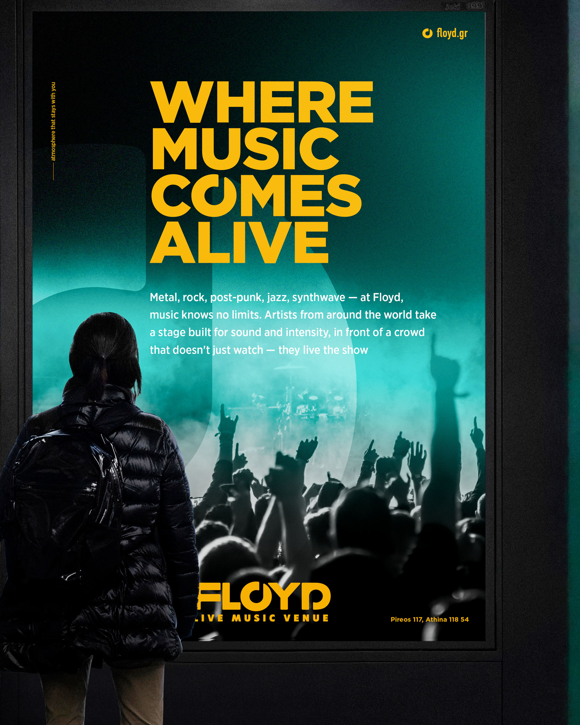 Floyd Live Music Venue poster showcasing lively graphics and the phrase "Where Music Comes Alive" prominently displayed.