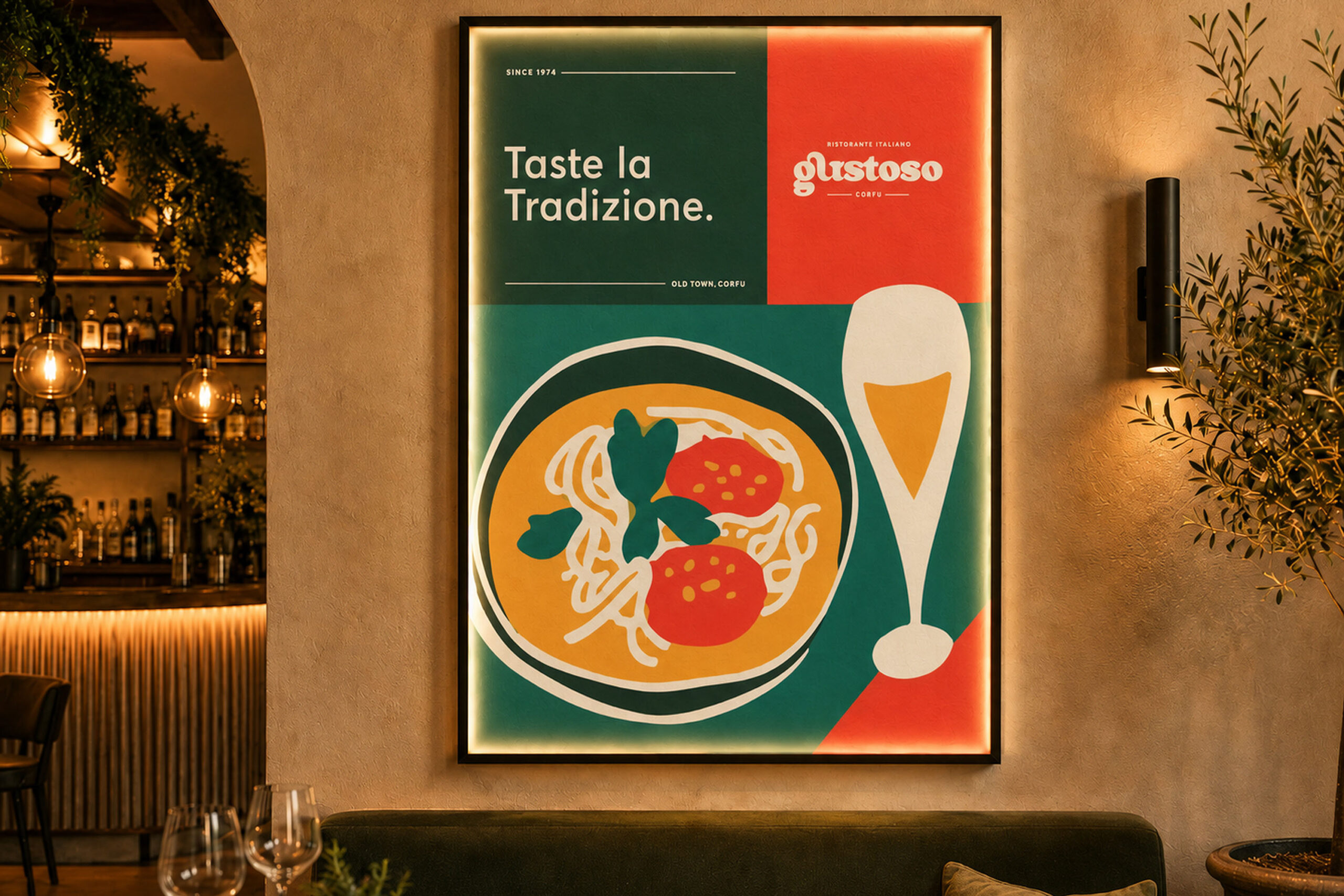 Poster for Gustoso Italian Restaurant in Corfu, showcasing an appetizing plate of Italian cuisine.