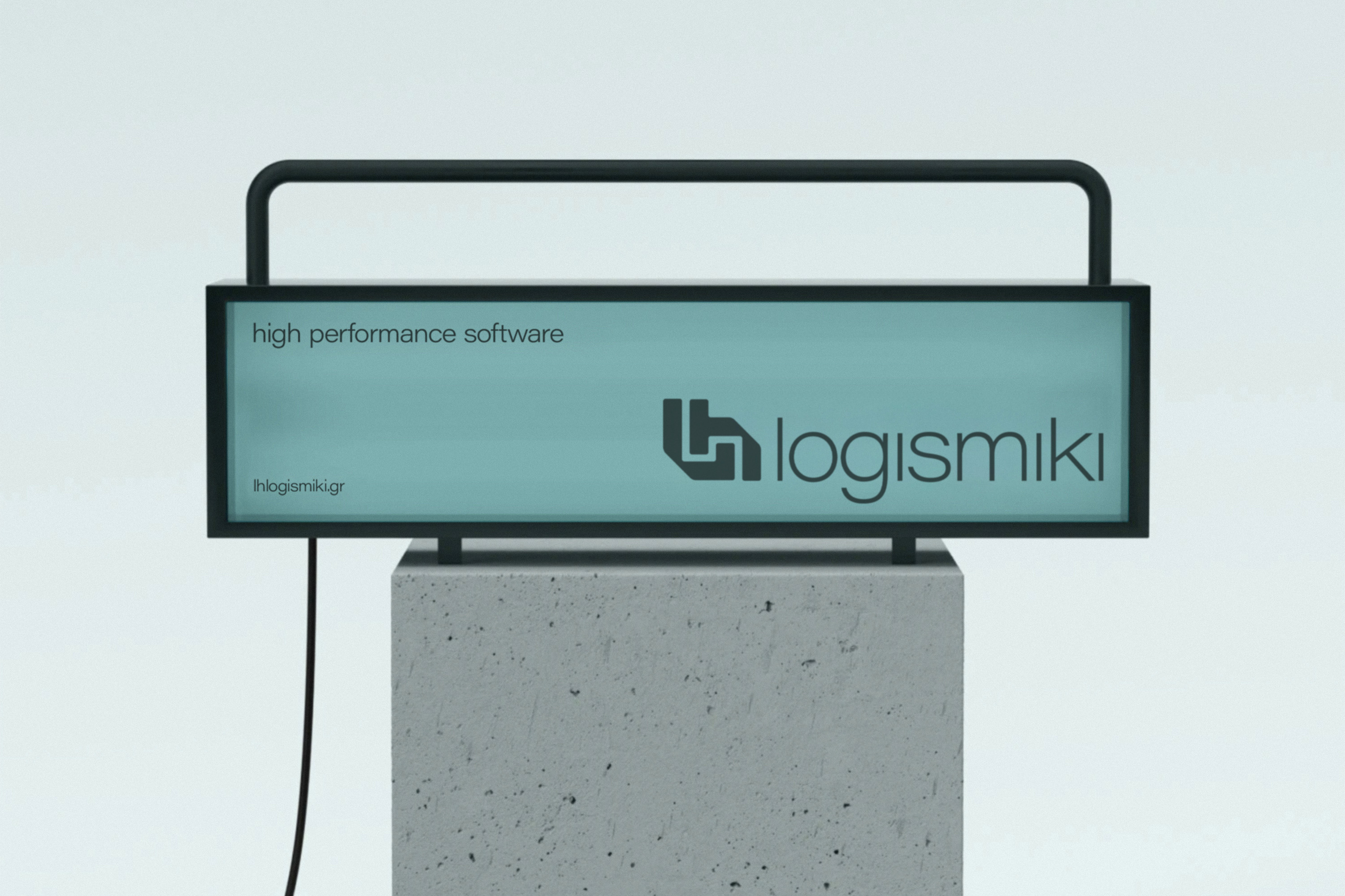 LH Logismiki engineering software branding applied to corporate signage with a technical visual identity.