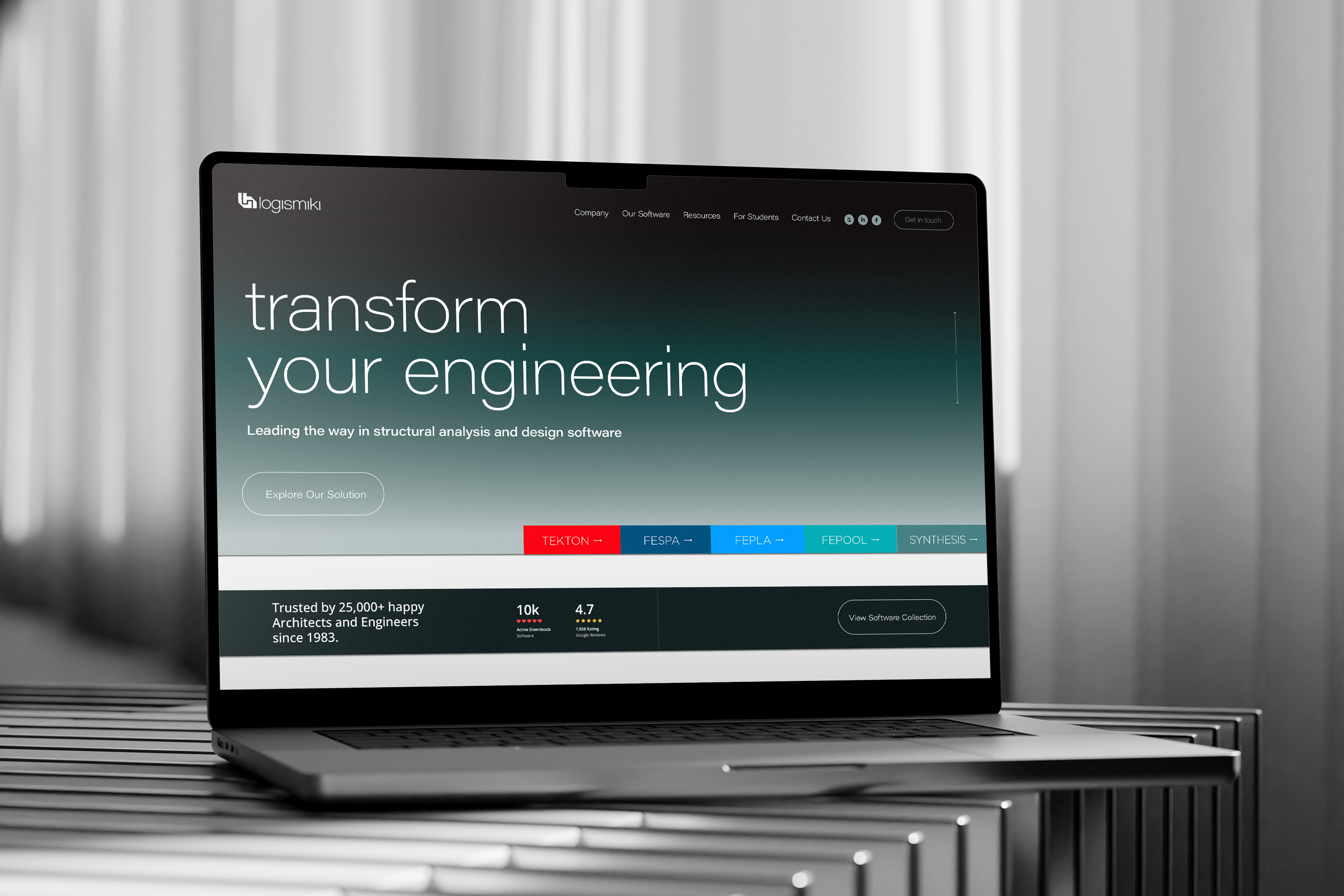 The image shows a laptop displaying a website with the title "transform your engineering". The website is for a company called Logismiki, which offers structural analysis and design software.