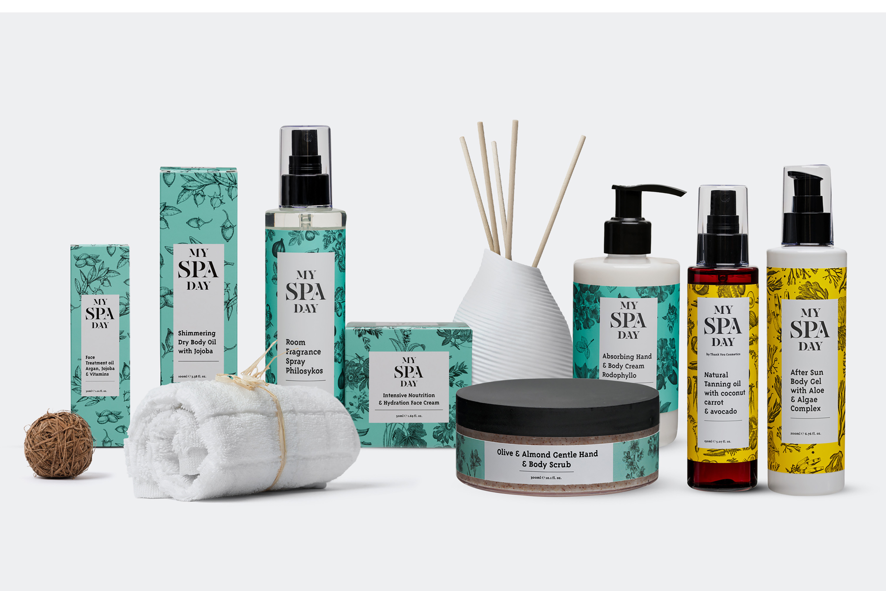 My Spa Day product line showcasing stylish packaging with calming hues and a modern design for a luxurious spa experience.