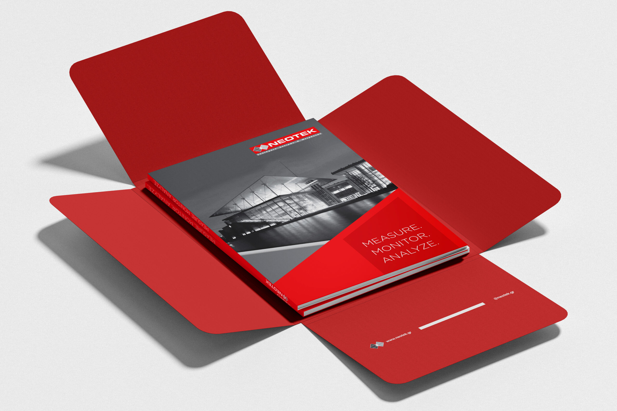 Open red folder displaying a book, symbolizing the Neotek company profile.