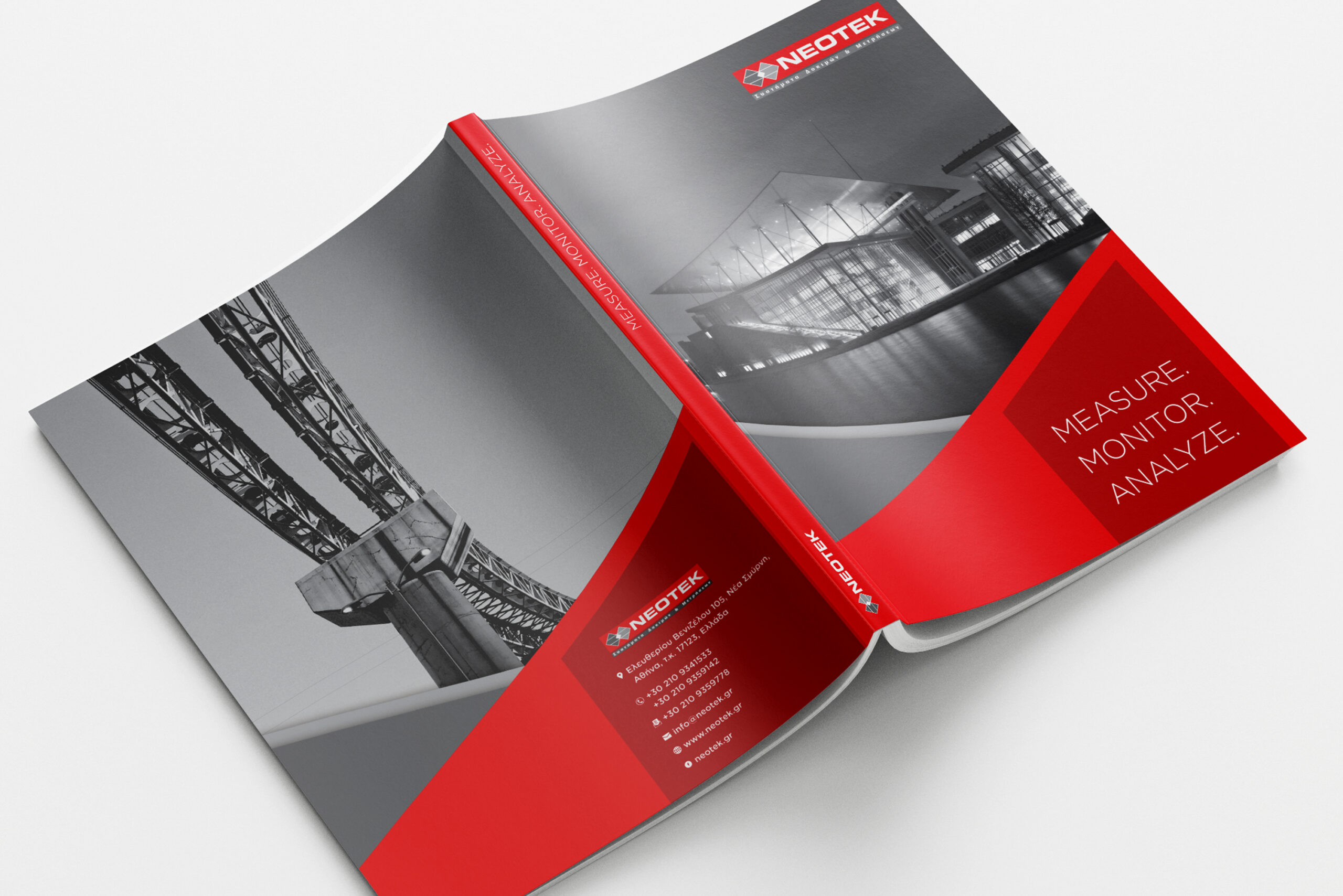Neotek company profile brochure in red and white, showcasing a bridge in the background.