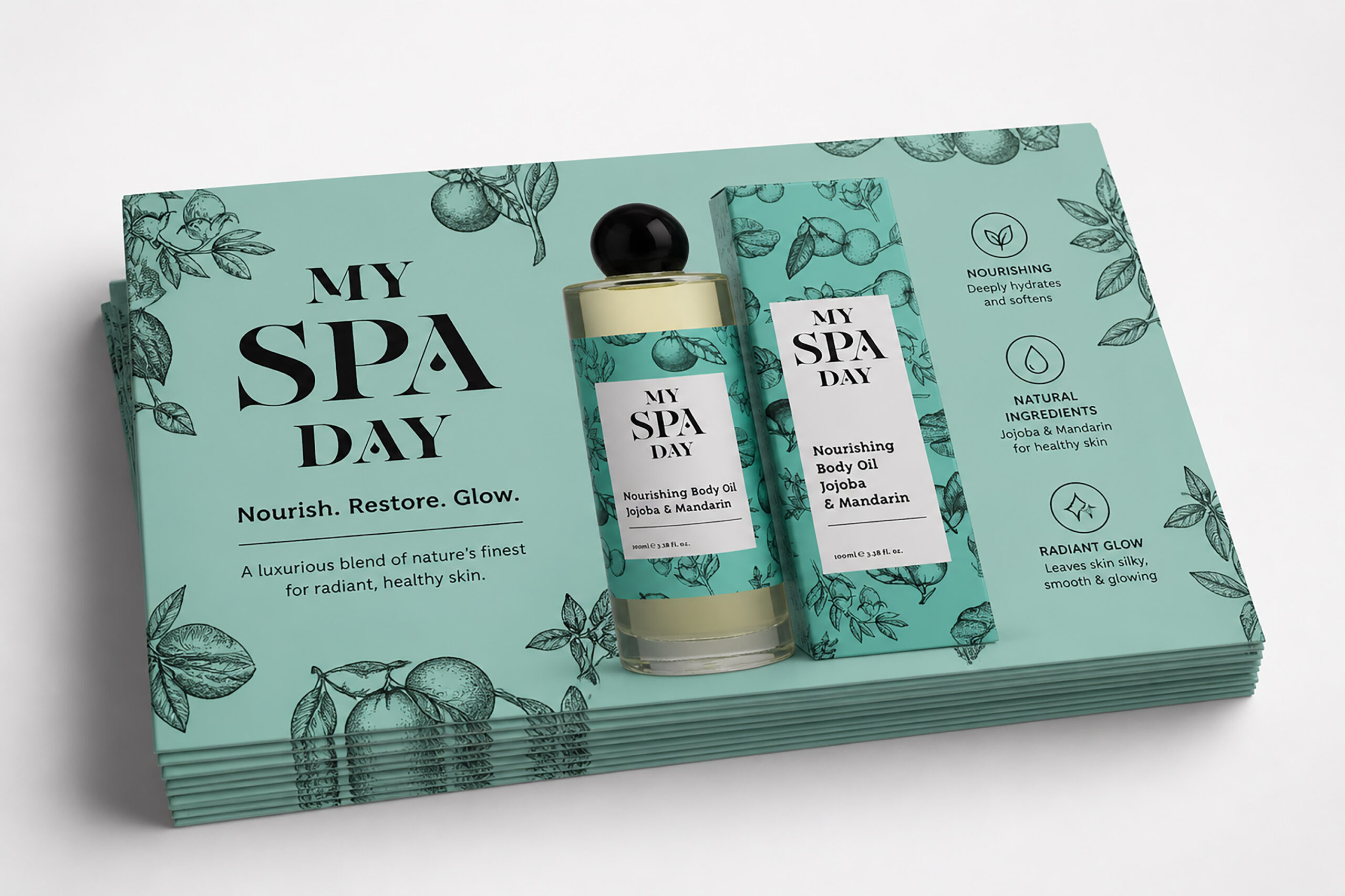 Promotional card highlighting "My Spa Day" with an array of natural beauty products set against a calming spa backdrop.