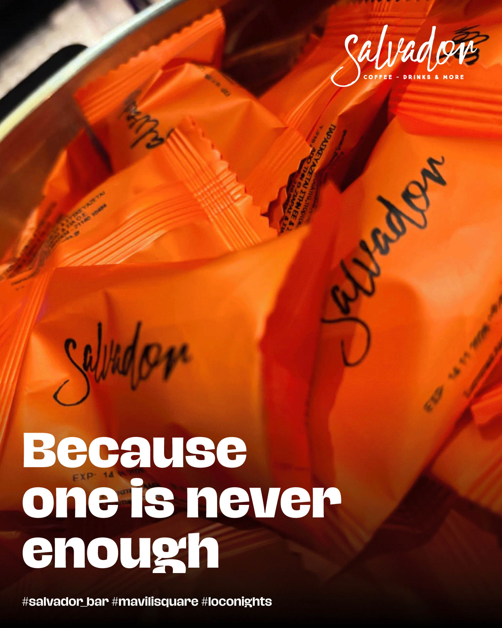 Promotional image for Salvador Bar Athens, highlighting the slogan "because one is never enough" in an elegant design.