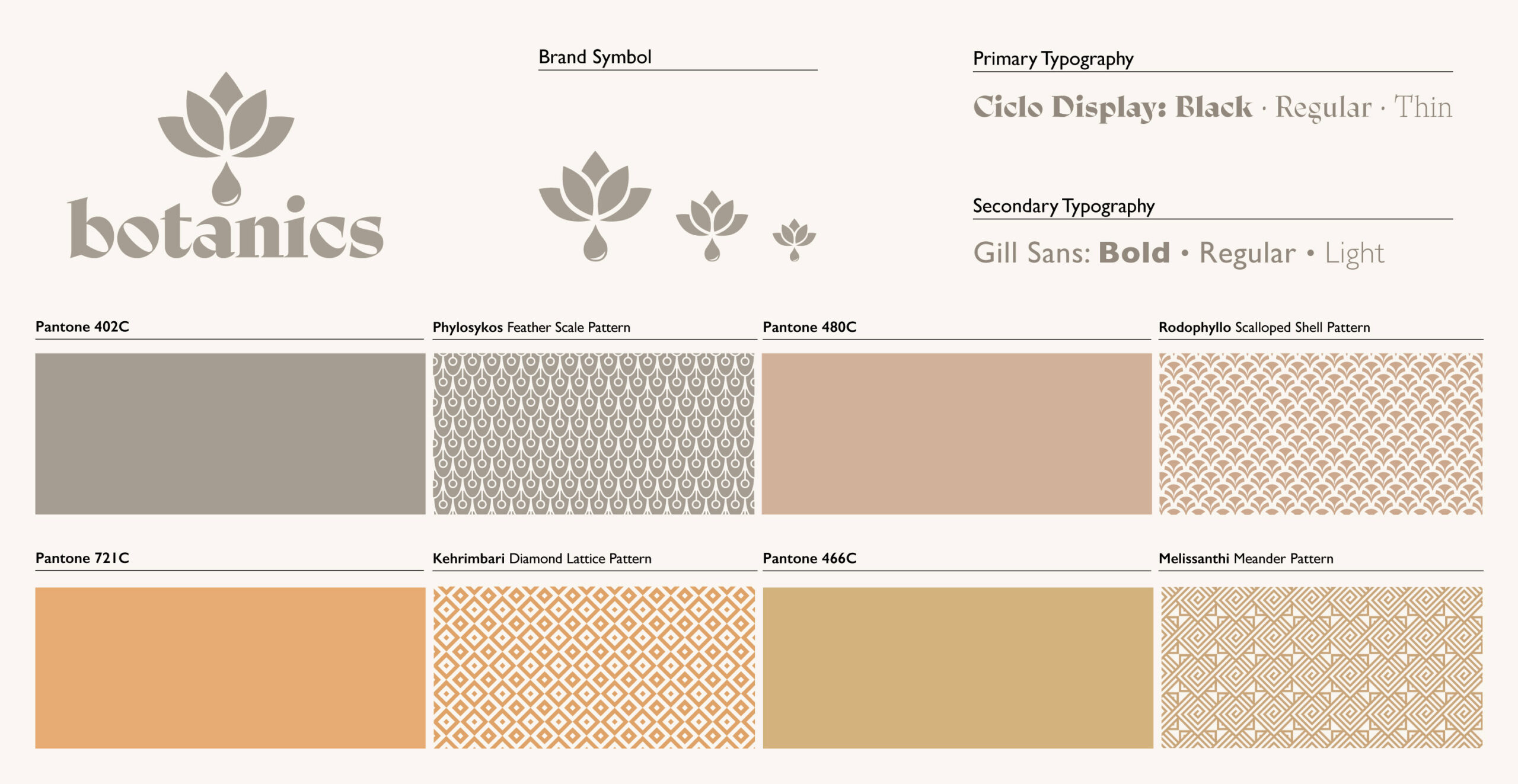 A collection of colors representing a botanical theme, including greens, browns, and soft floral shades.