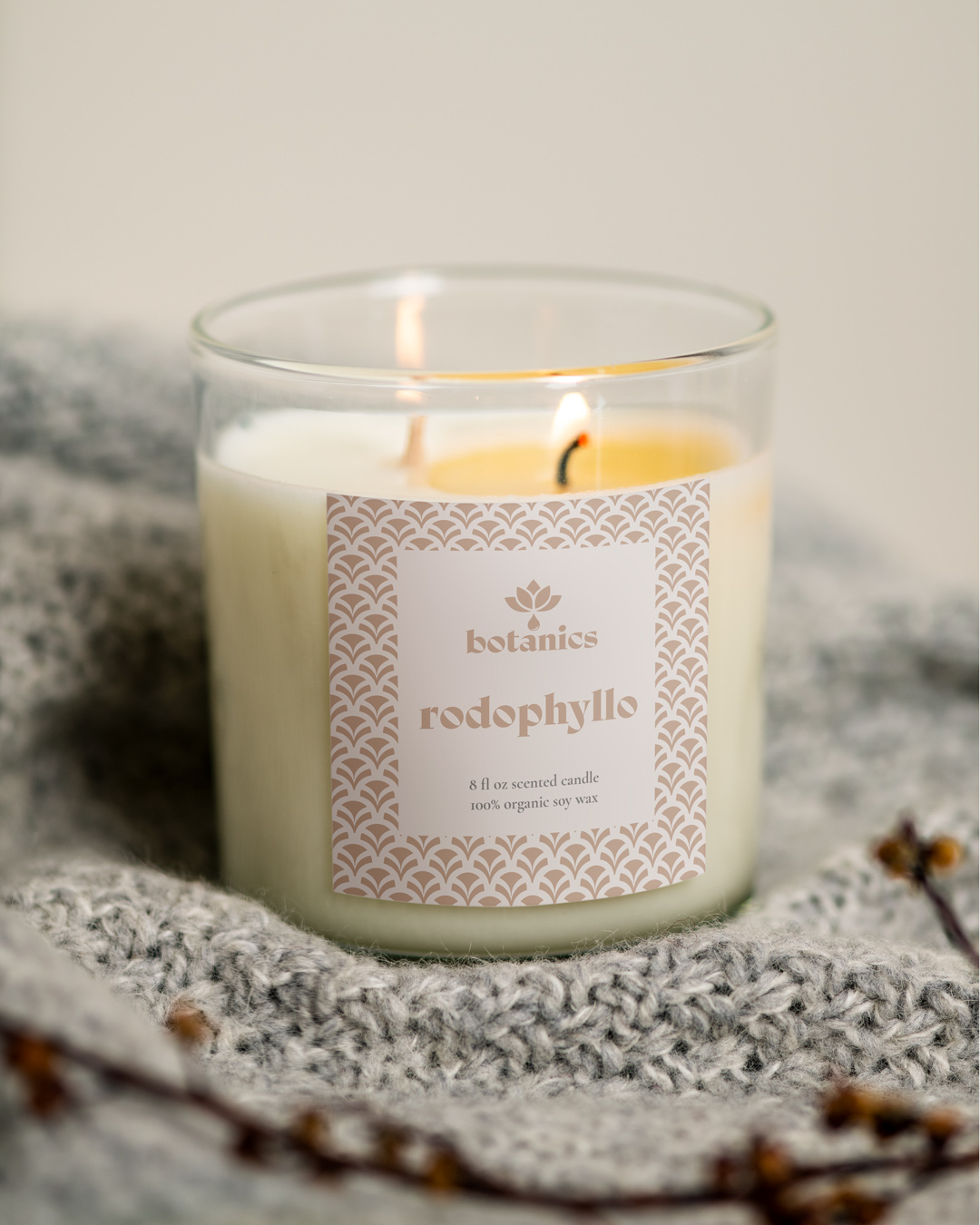 Label mockup for a Botanics scented candle, highlighting a peepal tree motif, emphasizing tranquility and nature.