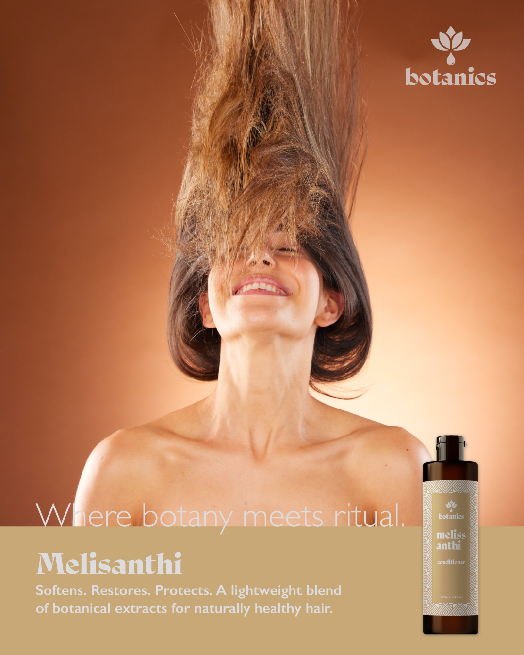 A woman with wind-swept hair holds a bottle of misantiti, symbolizing the connection between botany and spiritual practices.