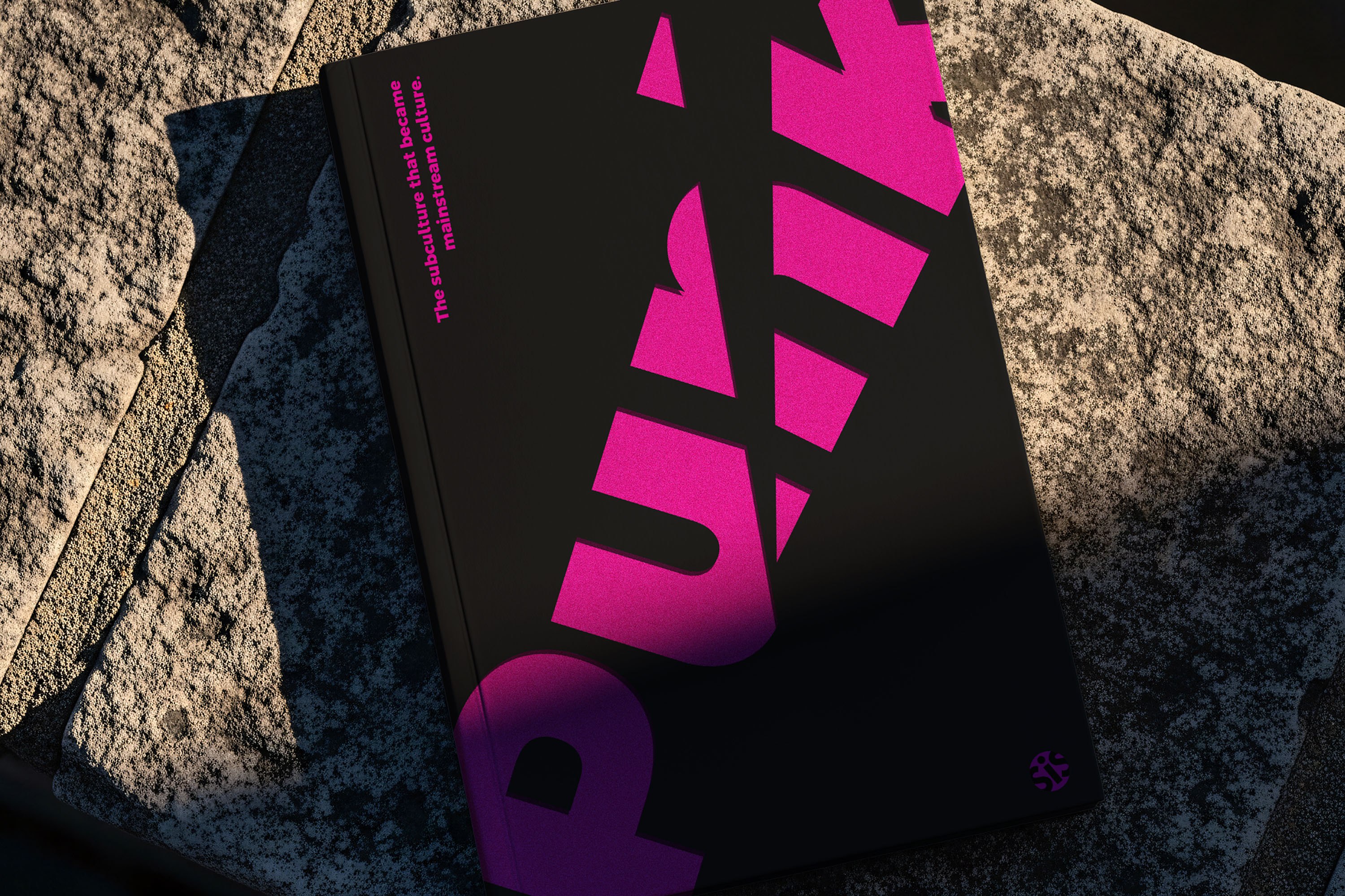 Editorial book design for a punk culture publication with black cover and bold pink typography.