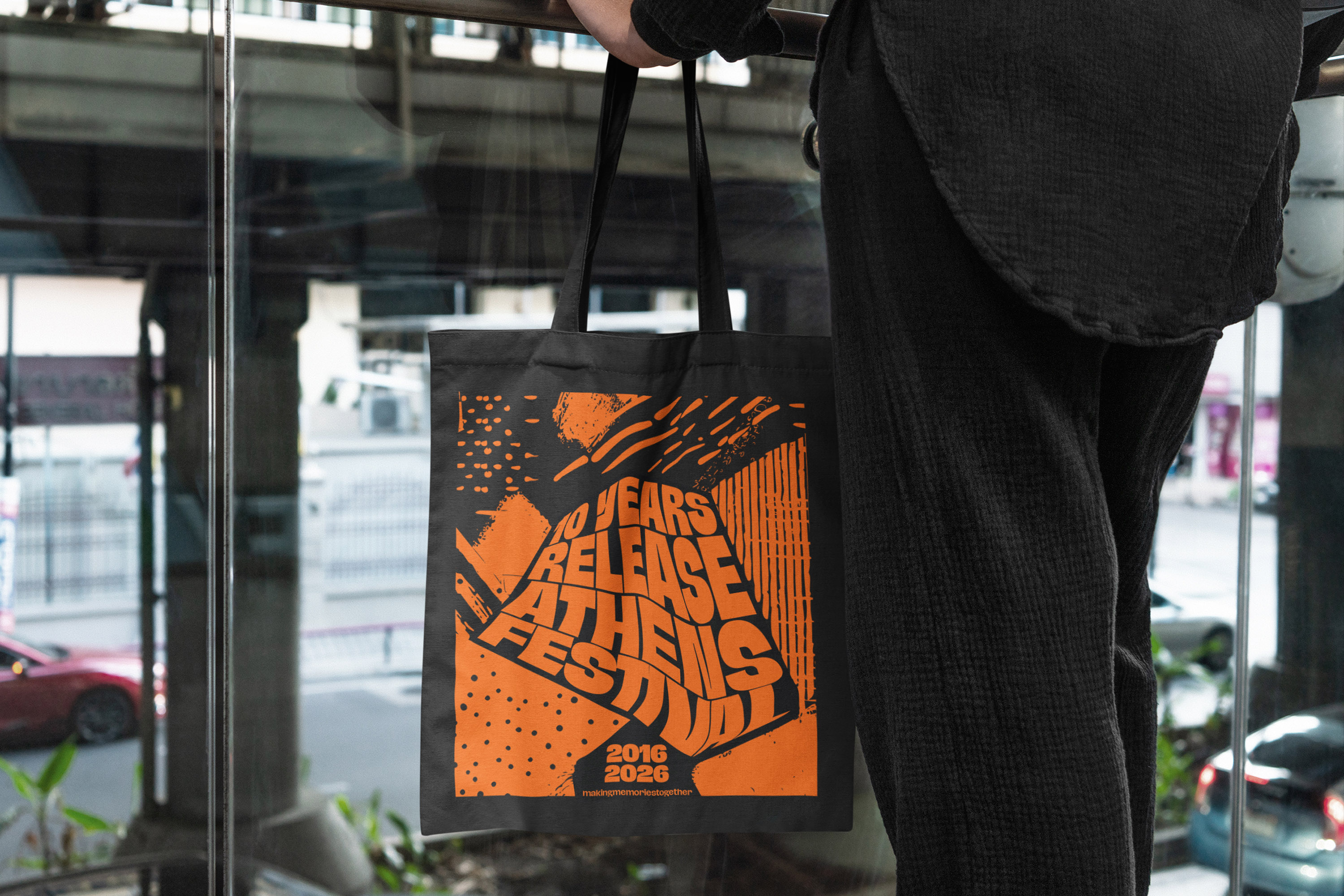 Release Athens Festival 2026 Merch. tote bag black. 70's aesthetics design
