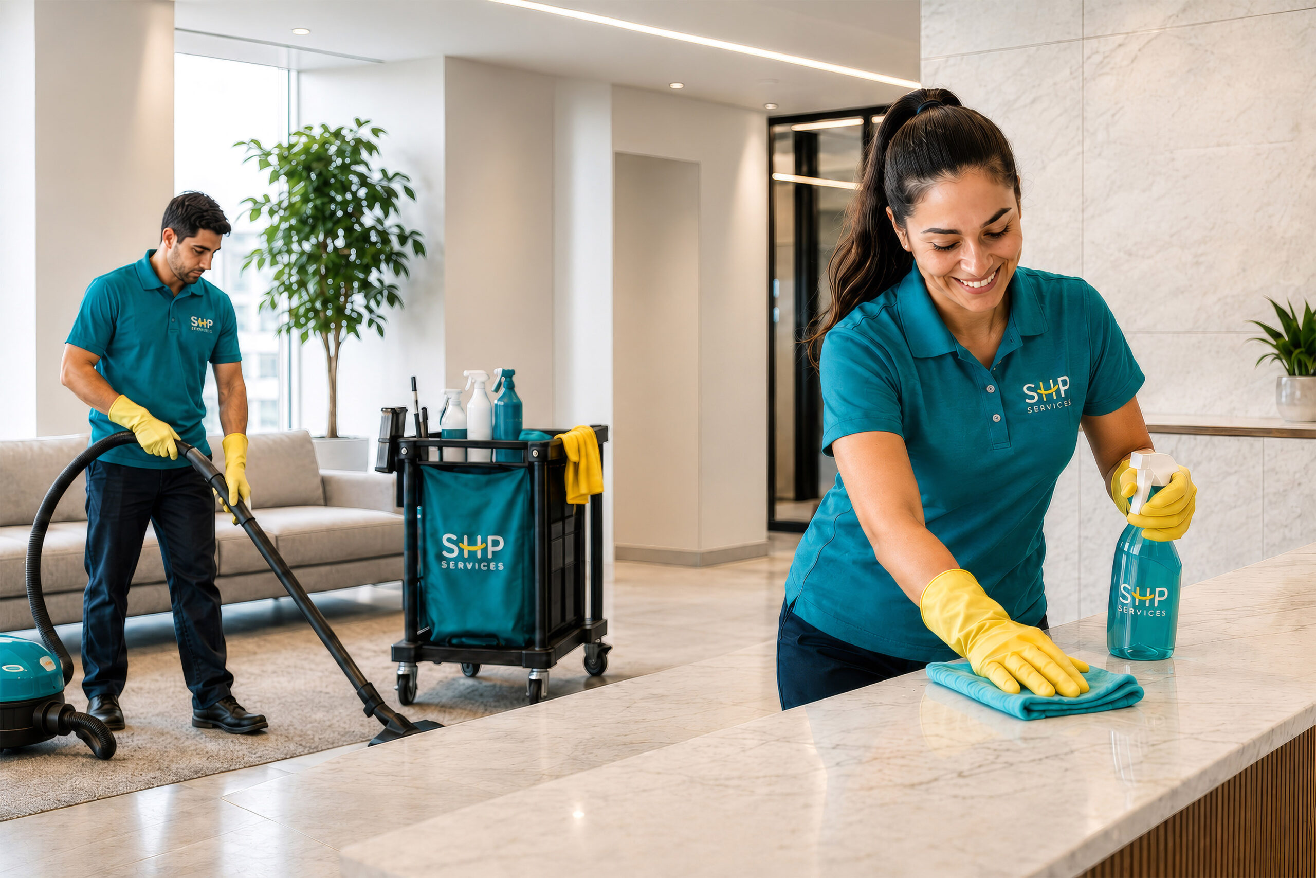 Two individuals from a cleaning service working together to clean a room, highlighting teamwork and attention to detail.
