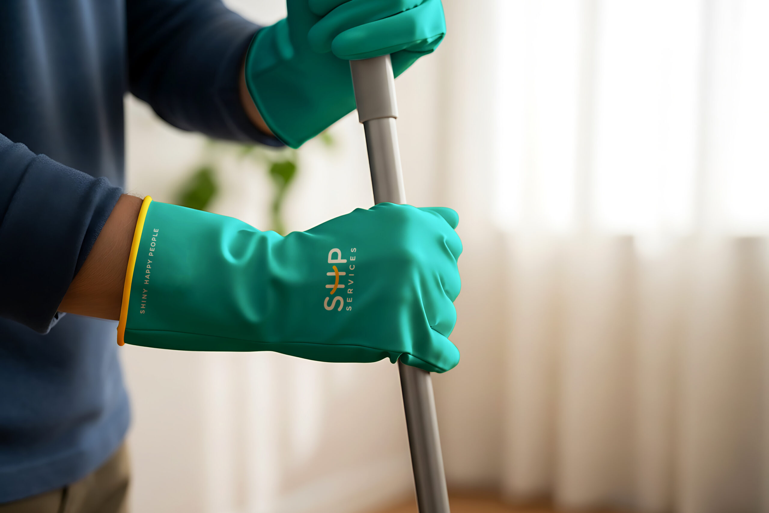 A person with green SHP gloves is poised with a mop, indicating a cleaning task.