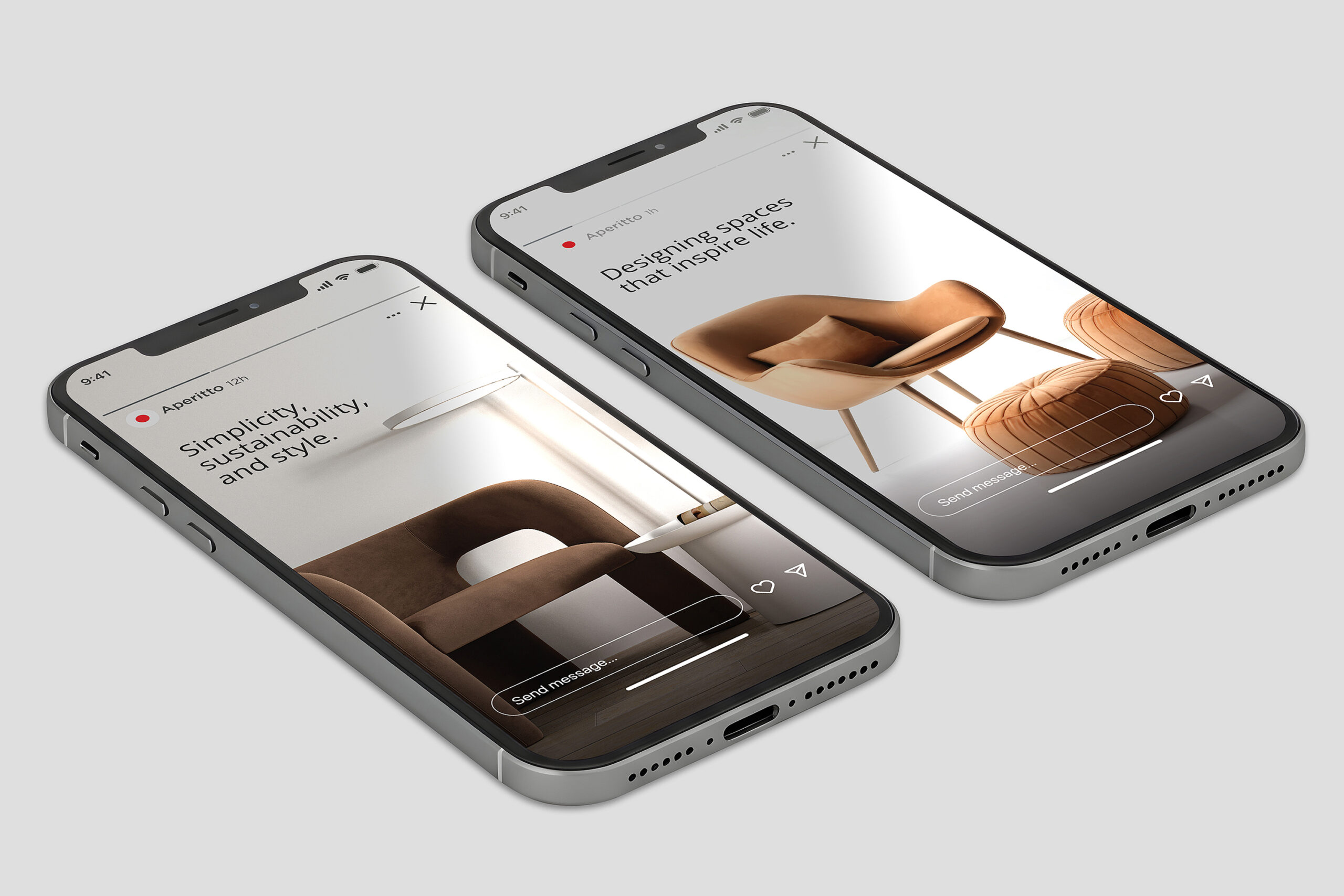 Mobile social stories on two iPhones, showcasing a chair and a sofa as part of the narrative.